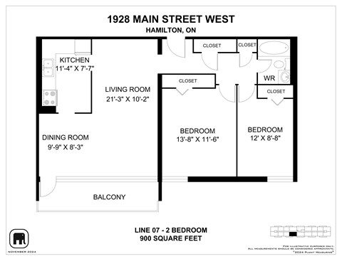 Floor plan for 2 beds, 1 bath, 900 sqft